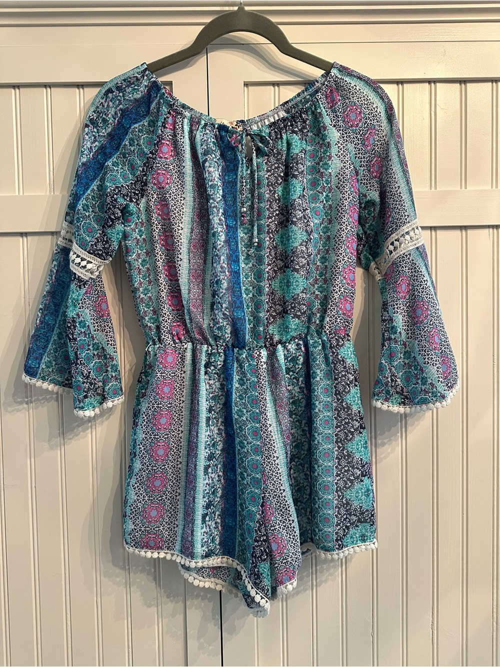 Speechless Teal, Blue & Pink Printed Off-Shoulder Youth Girl L Romper